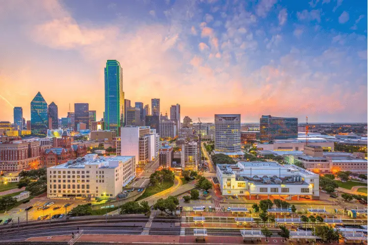 Aerial drone views above Texas downtown skyline