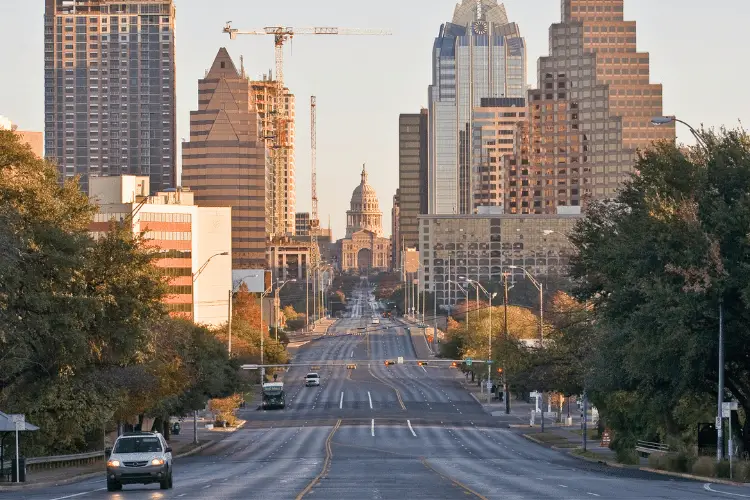 View of down town Austin and the state capital building from south congress Ave