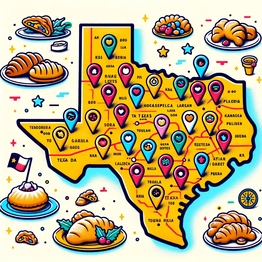 A detailed map of Texas with colorful pins indicating popular kolache spots and illustrations of different types of kolaches surrounding it.
