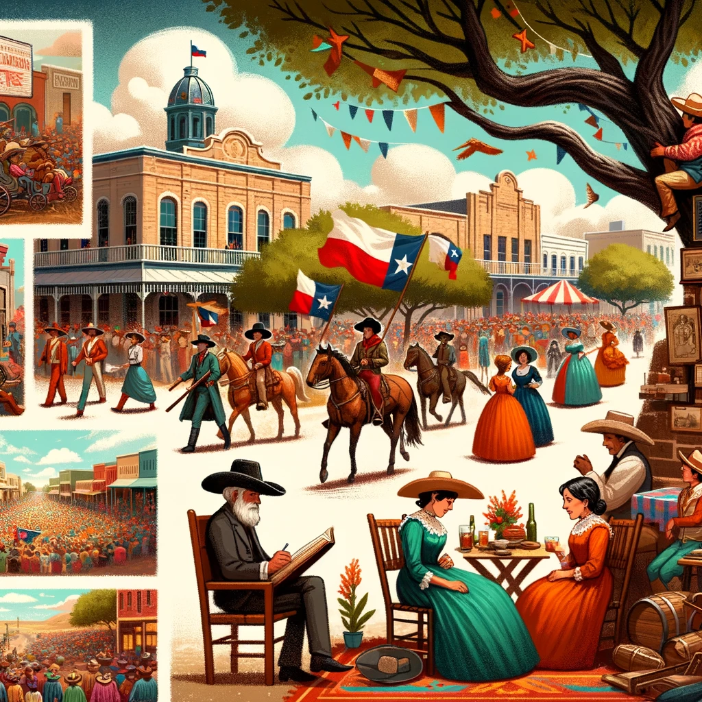 Illustration showcasing a lively celebration in Texas, marking its liberation from Mexico. Diverse groups of people gather in the town square, where a re-enactment of a historical battle is taking place. Nearby, there are booths displaying artifacts and stories from the 19th century. A vibrant parade winds through the streets with participants in period attire, while an elder sits under a tree, captivating an audience with tales of Texas becoming a republic.