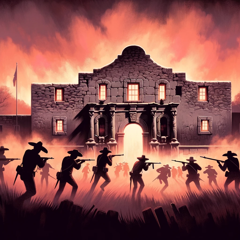 Illustration depicting the early morning scene of the Battle of the Alamo on March 6. The horizon glows with the first light of dawn, casting long shadows over the Alamo fortress. A diverse group of Texan defenders prepare their positions, while Mexican troops advance with determination. The atmosphere is tense, capturing the significance of the 90-minute battle.